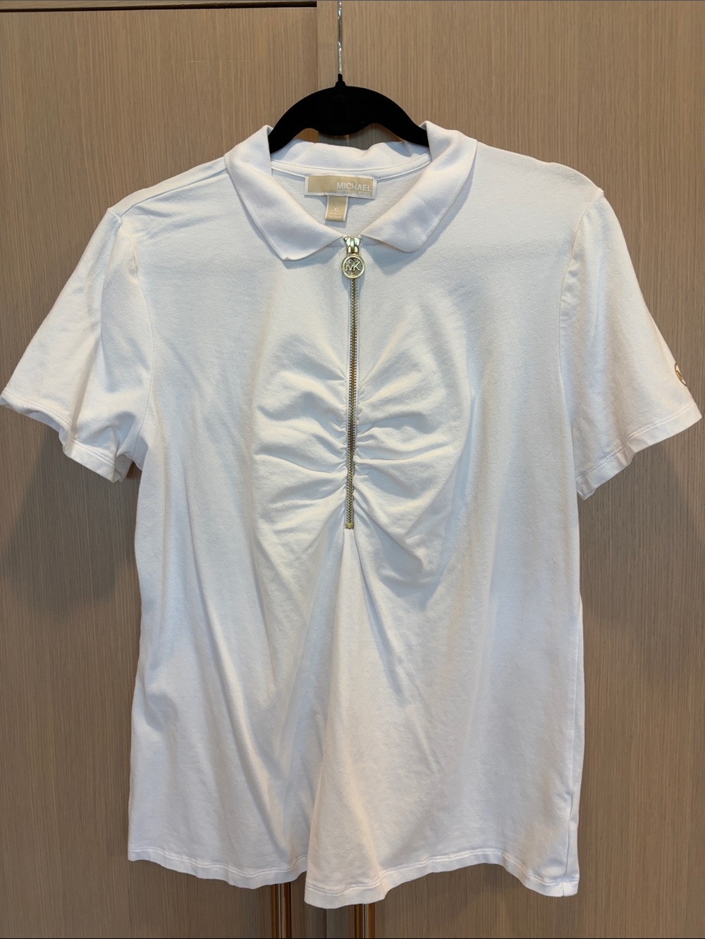 MICHAEL Michael Kors White Ruched Zip Polo Top